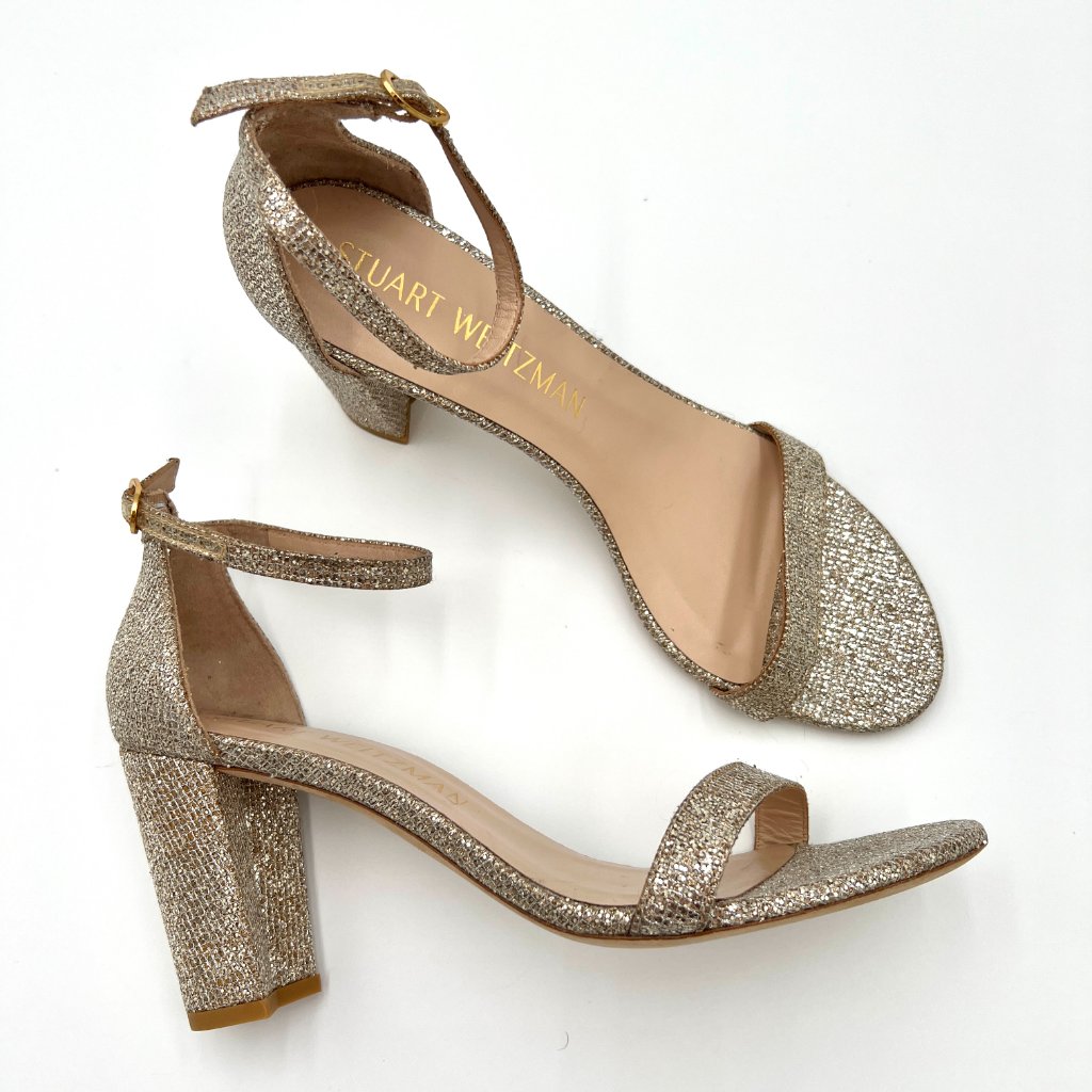 Stuart Weitzman Nearlynude Platinum Silver Glitter Sandals Heels Size 11 Heeled